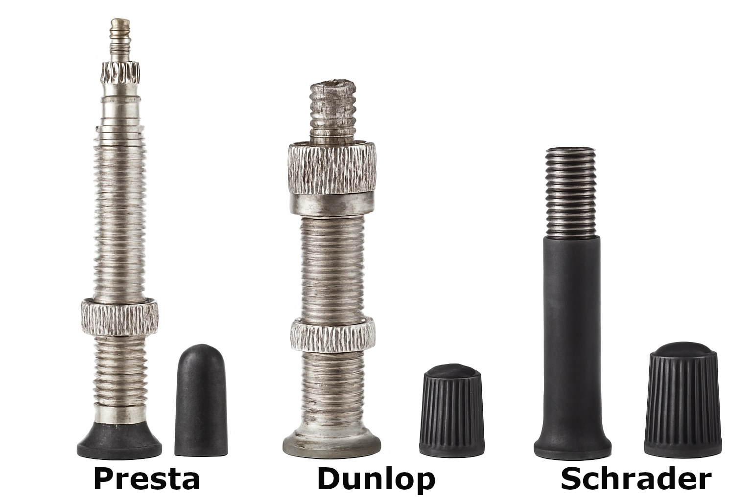 Vergleich der drei gängigen Fahrradventilarten: Presta (Sclaverand), Dunlop (Woods) und Schrader (Auto).