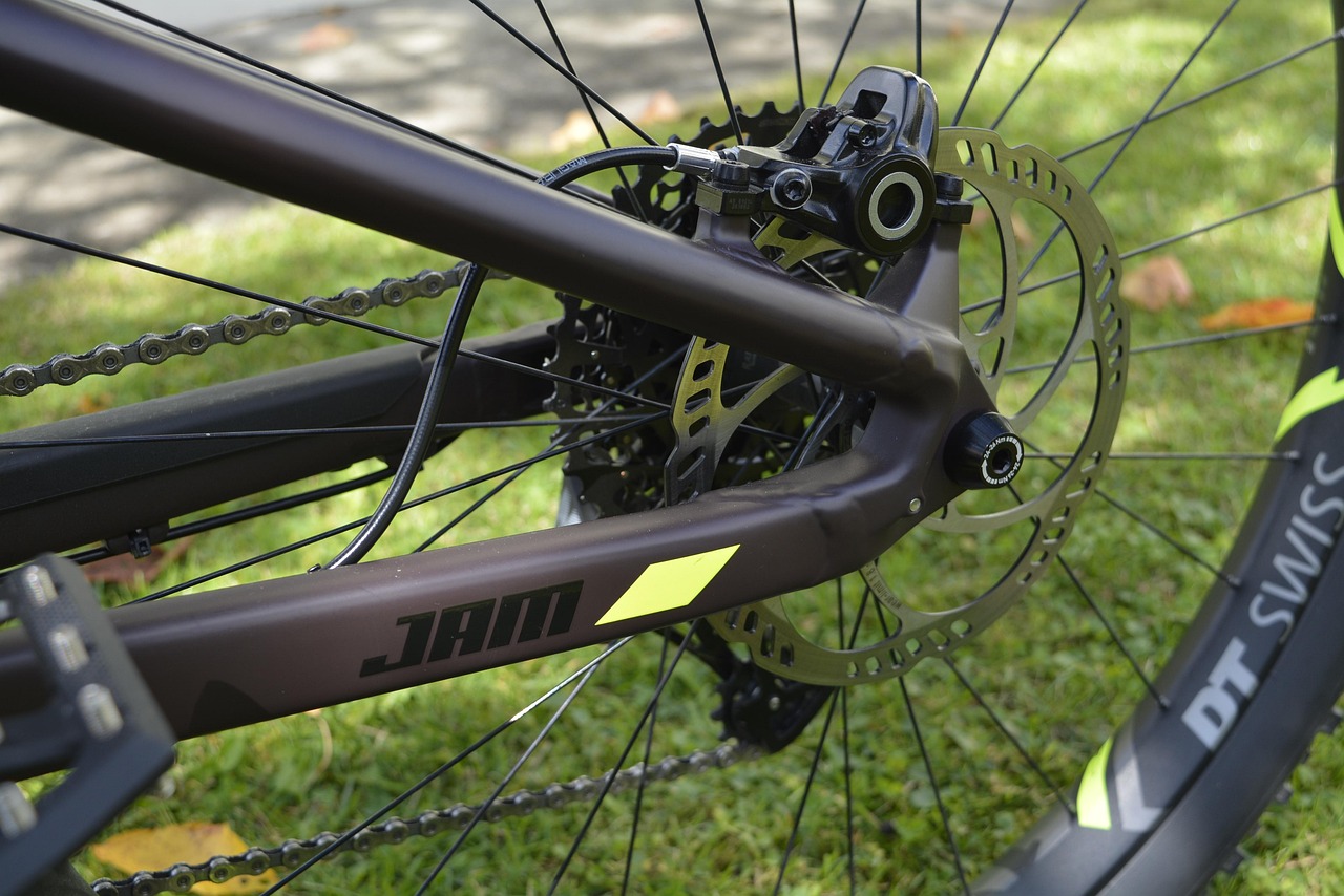 Nahaufnahme einer Fahrrad-Scheibenbremse mit Fokus auf Bremsscheibe, Sattel und Speichen